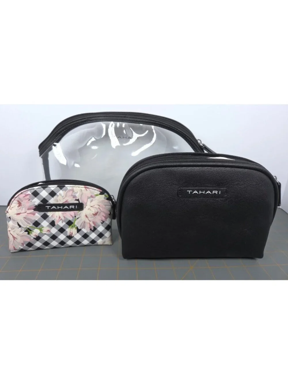 Tahari 3-Piece Travel Trio Cosmetic Case Set Gingham & Floral Print Clear Bag